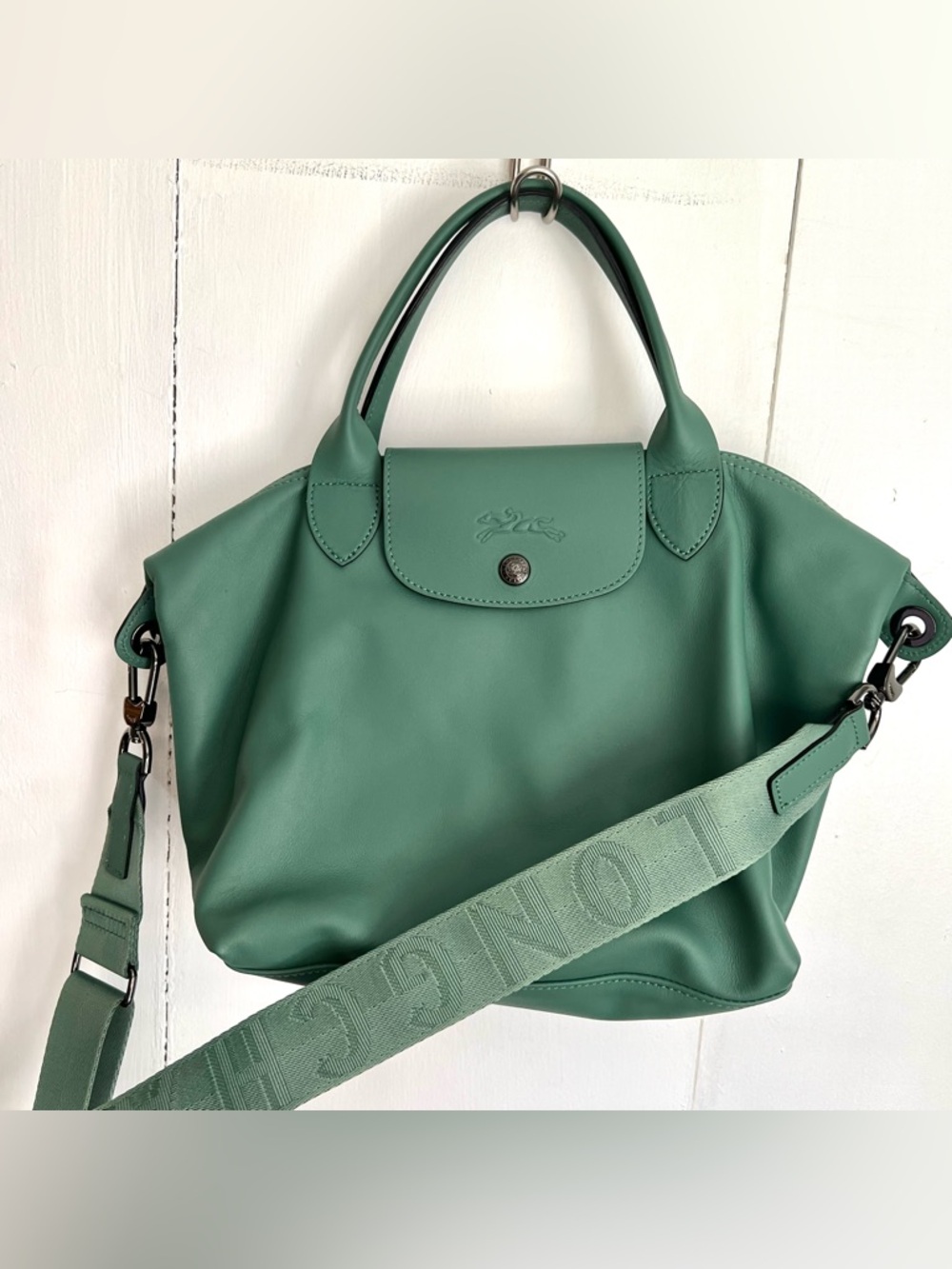 Longchamp Le Pliage Cuir Xtra Sage Green Leather Small Crossbody Strap Tote Bag